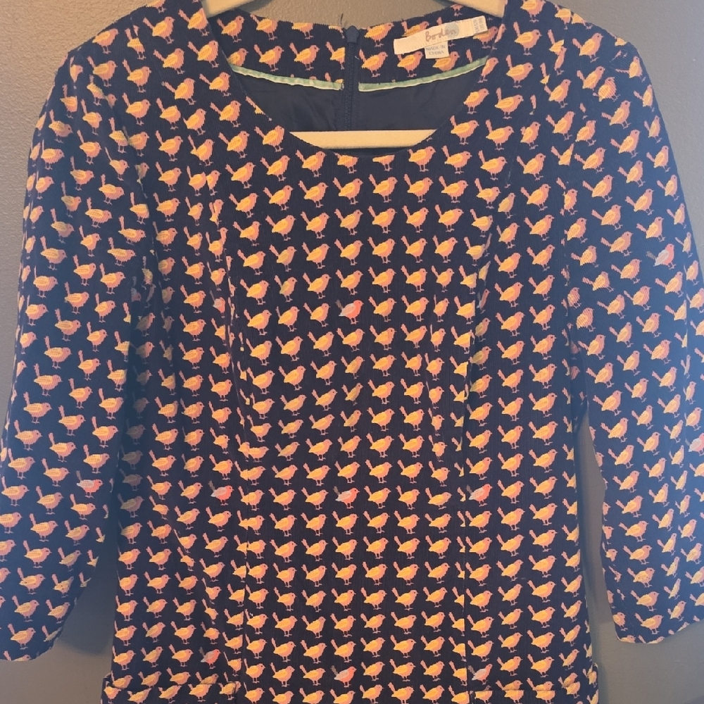 Boden Navy and Pink Bird Print Dress